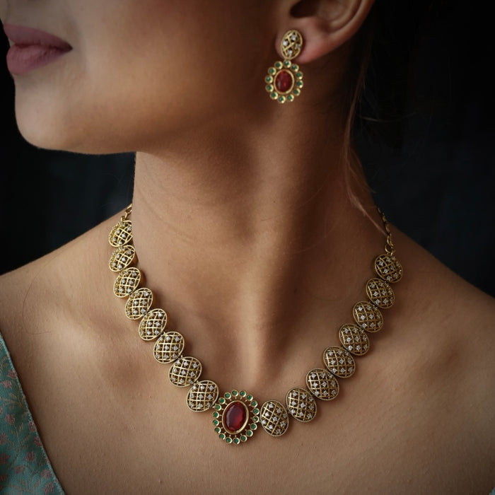 Antique ruby green stone short necklace and earrings SS10321