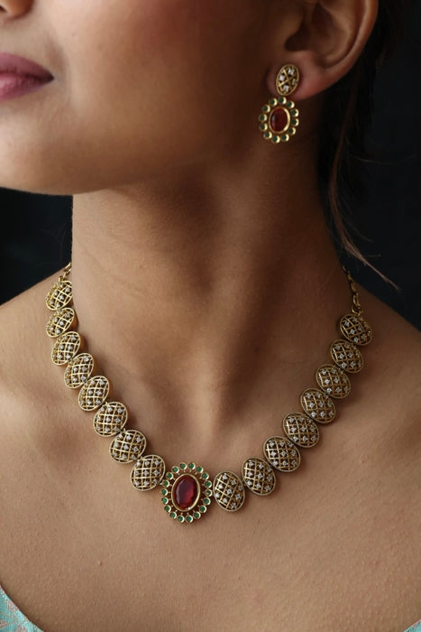 Antique ruby green stone short necklace and earrings SS10321