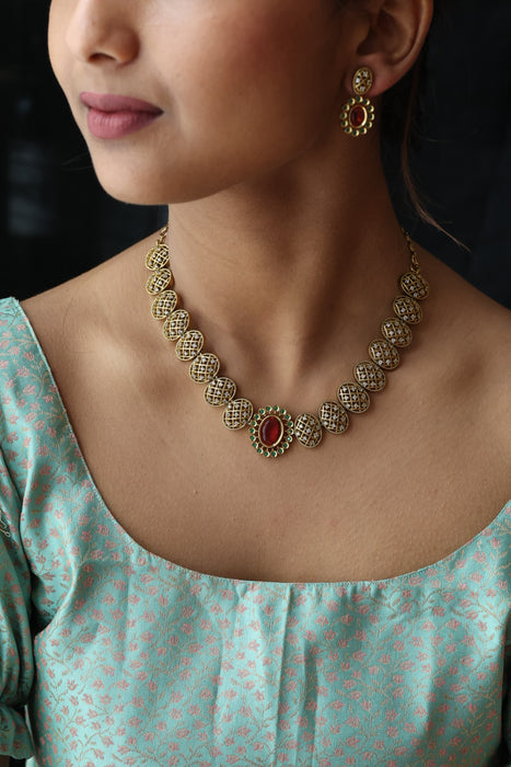 Antique ruby green stone short necklace and earrings SS10321