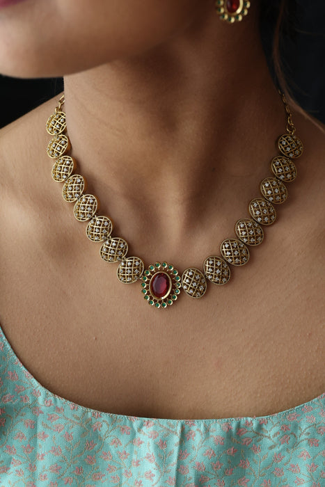Antique ruby green stone short necklace and earrings SS10321