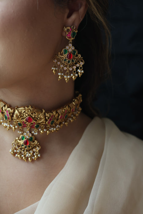 Antique kemp stone choker necklace and earrings CCB26342