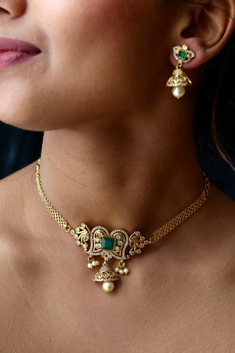 Antique green choker necklace with earrings CCB13112