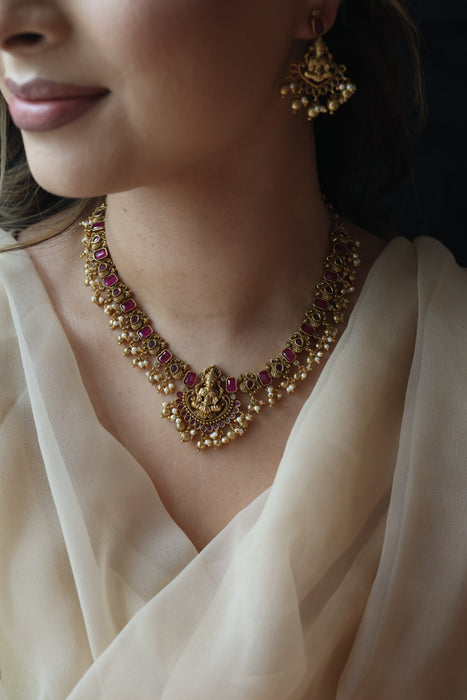 Antique gold temple design necklace and earrings SS115623