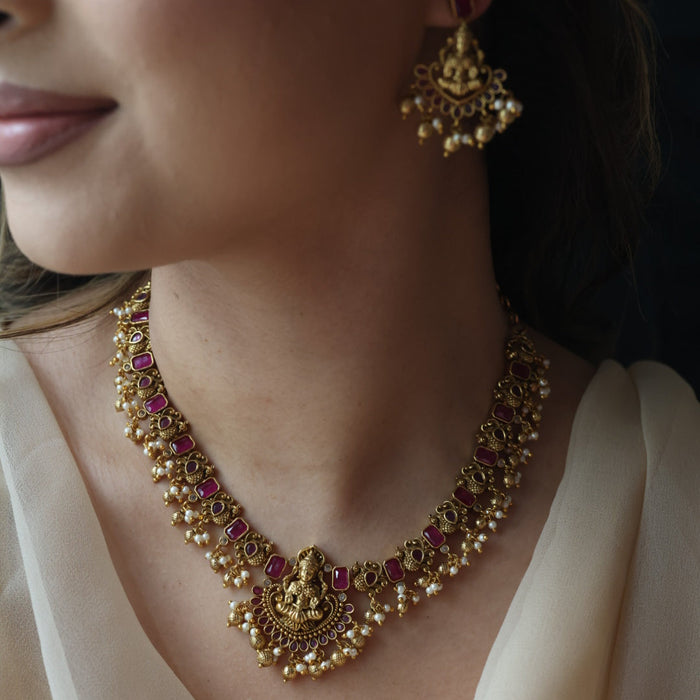 Antique gold temple design necklace and earrings SS115623
