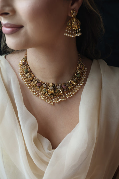 Antique gold temple desing short necklace and earrings SS11982