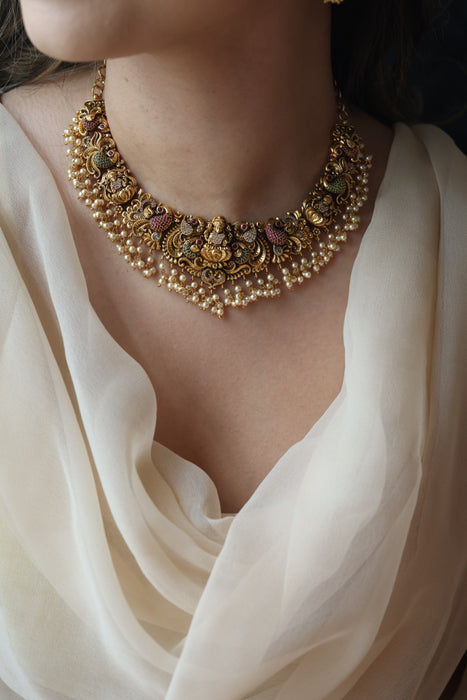 Antique gold temple desing short necklace and earrings SS11982
