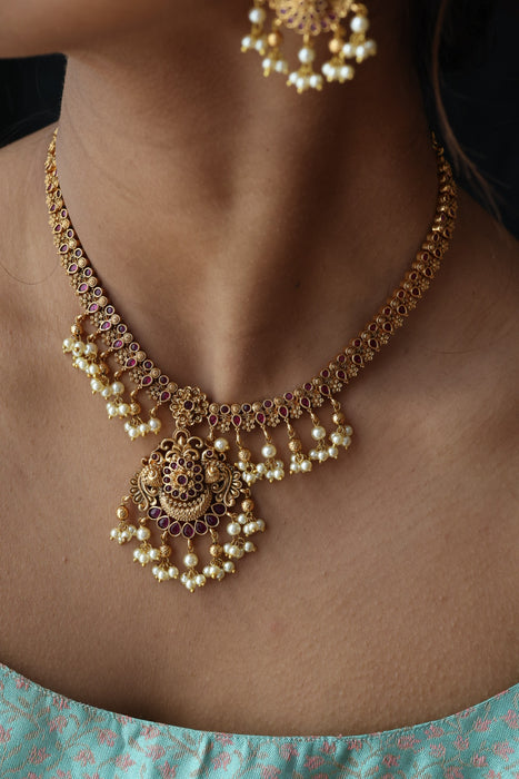 Antique gold short necklace with earrings SS104566