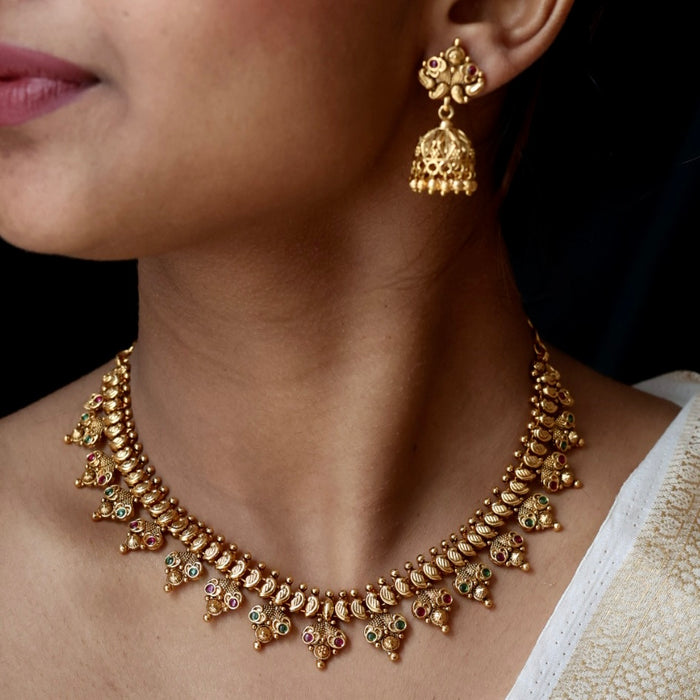 Antique gold stone short necklace and earrings G201