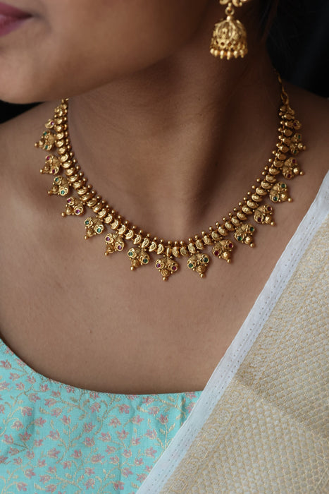 Antique gold stone short necklace and earrings G201