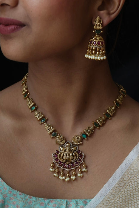Antique stone and pearl short necklace with earrings S1B256