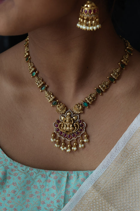 Antique stone and pearl short necklace with earrings S1B256