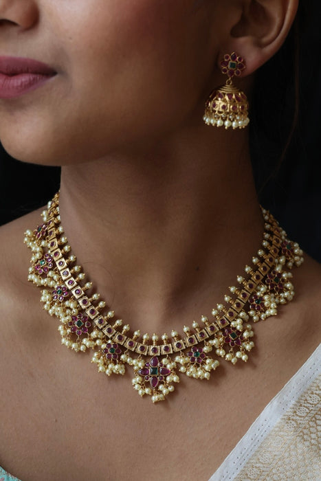 Antique pearl short necklace with earrings S1B1678