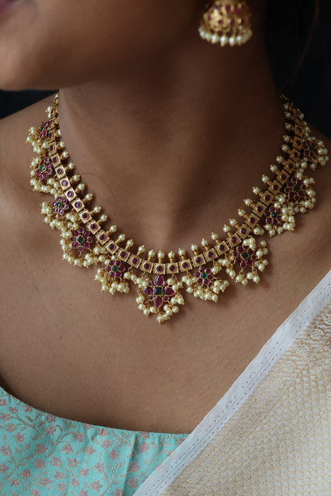 Antique pearl short necklace with earrings S1B1678