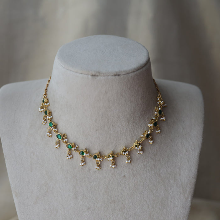 Antique green stone choker short necklace CCB11289