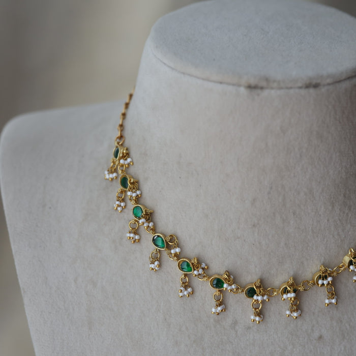 Antique green stone choker short necklace CCB11289