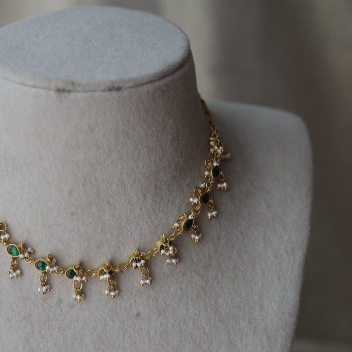 Antique green stone choker short necklace CCB11289