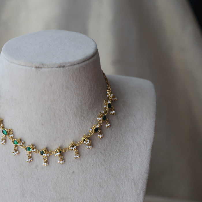 Antique green stone choker short necklace CCB11289