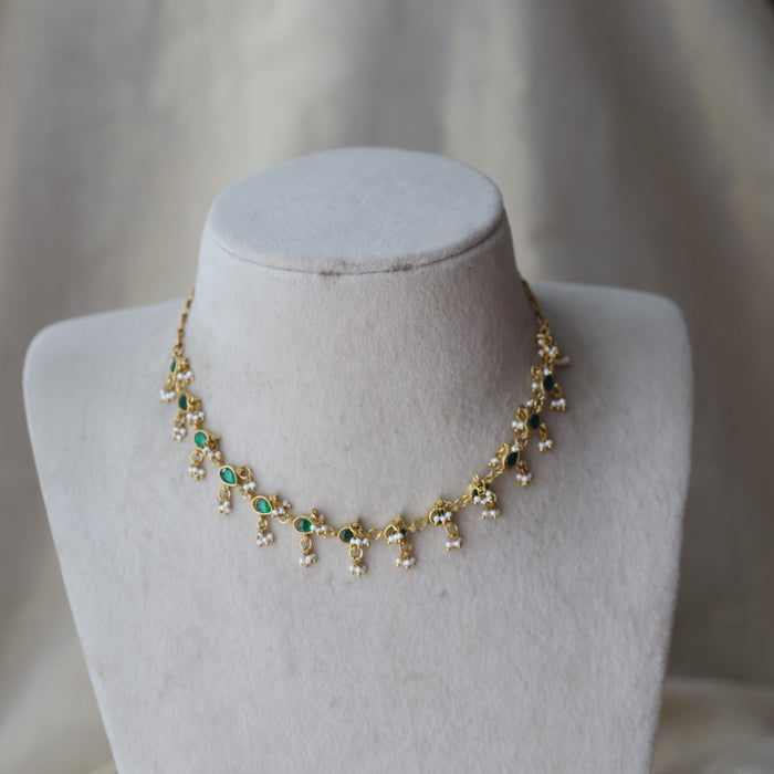 Antique green stone choker short necklace CCB11289