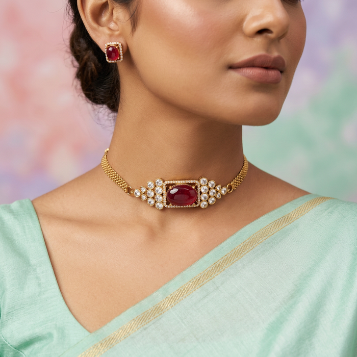 Antique ruby stone choker necklace with earrings CCB155