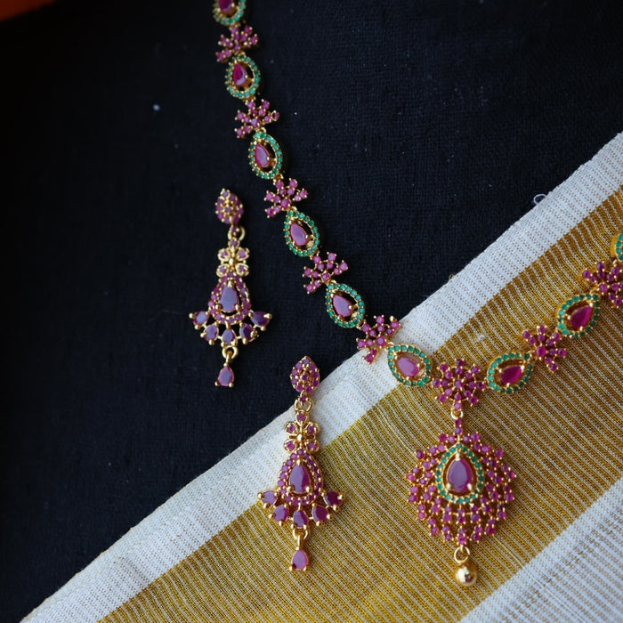 Heritage ruby green stone gold plated necklace with earring H098