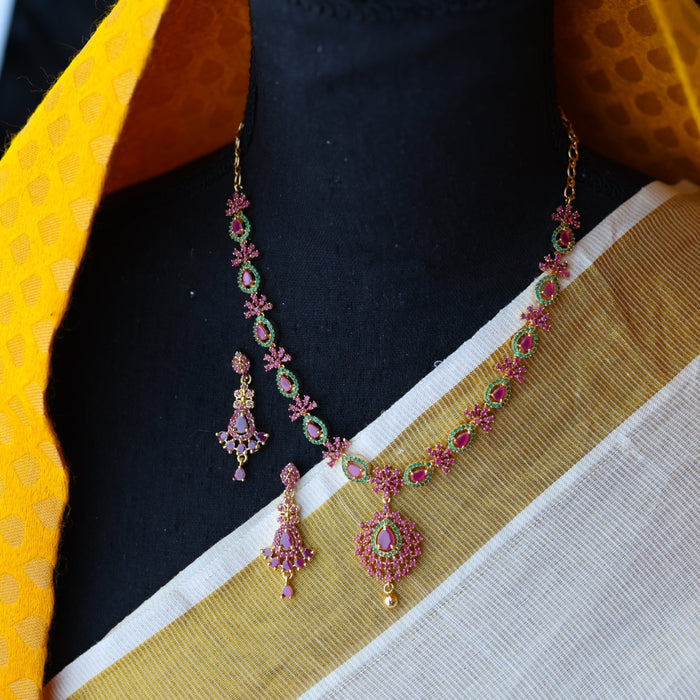 Heritage ruby green stone gold plated necklace with earring H098