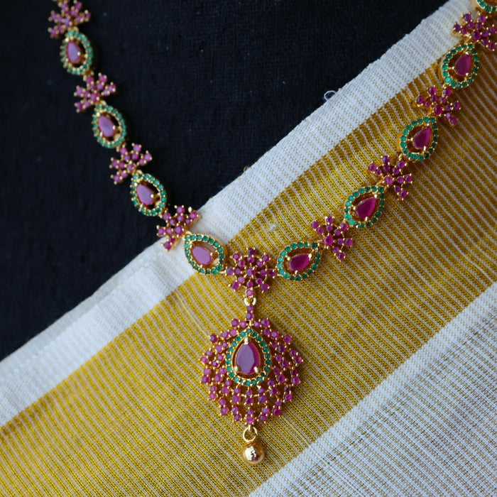 Heritage ruby green stone gold plated necklace with earring H098