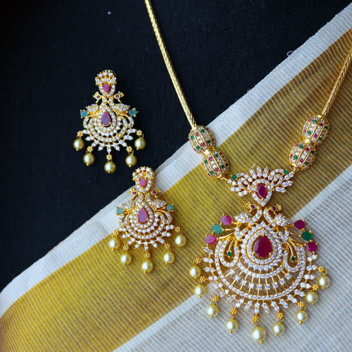 Heritage ruby green stone gold plated necklace with earring H099