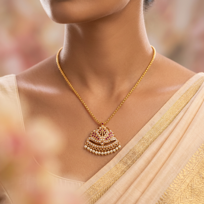 Heritage gold plated simple chain with ruby pearl chain HC5266