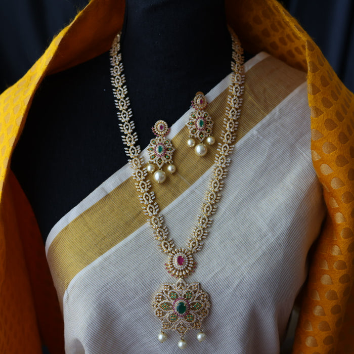 Heritage ruby green stone gold plated long necklace with earring HL0989