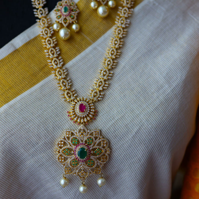Heritage ruby green stone gold plated long necklace with earring HL0989