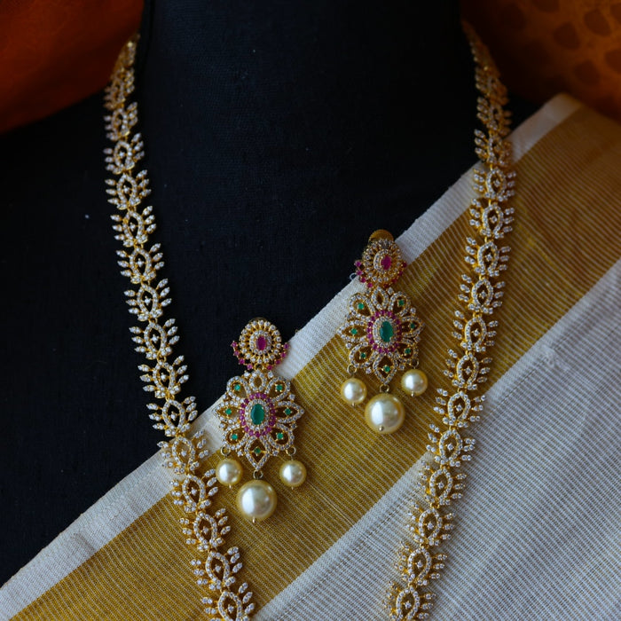 Heritage ruby green stone gold plated long necklace with earring HL0989