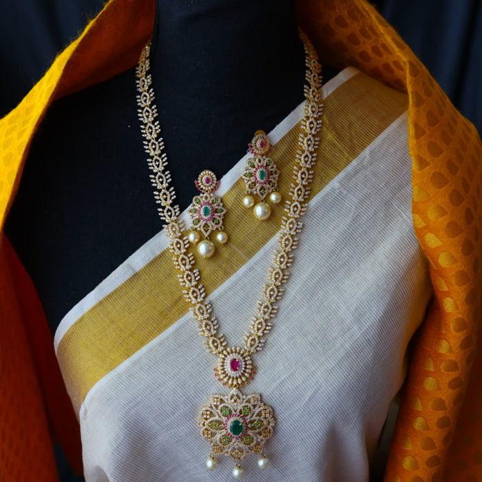 Heritage ruby green stone gold plated long necklace with earring HL0989