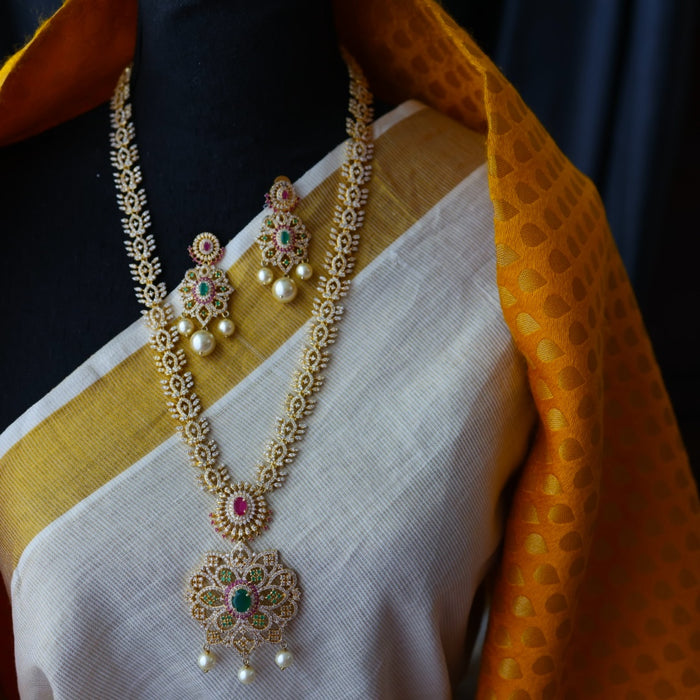 Heritage ruby green stone gold plated long necklace with earring HL0989