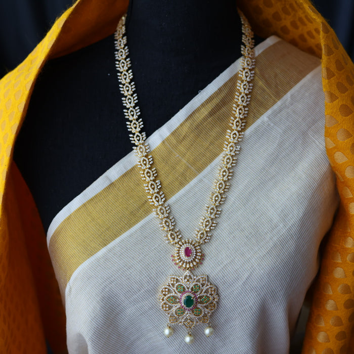 Heritage ruby green stone gold plated long necklace with earring HL0989