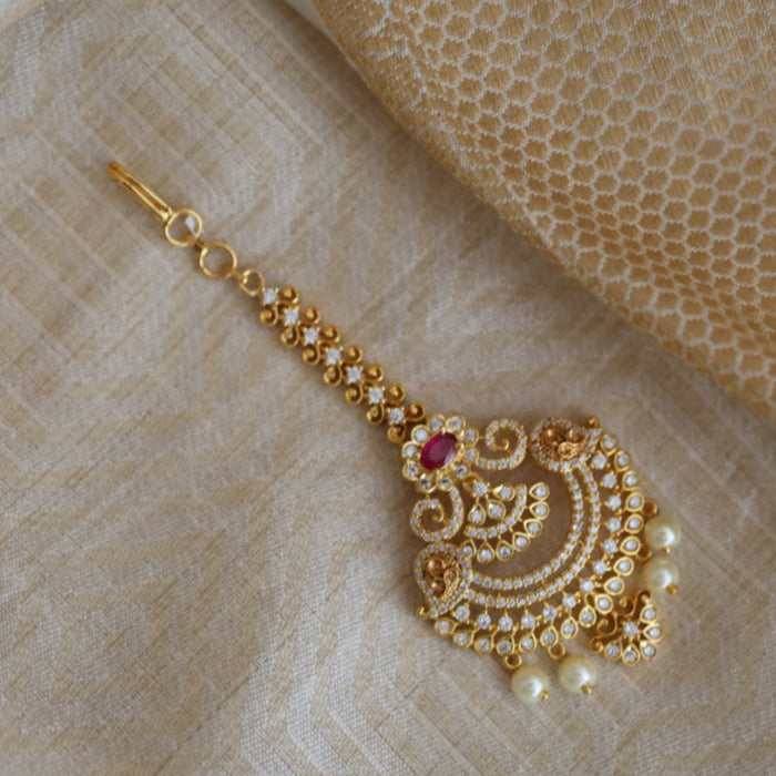 Antique white and  green stone maang tikka TH376