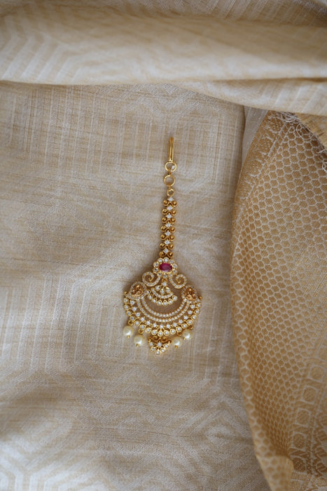 Antique white and  green stone maang tikka TH376
