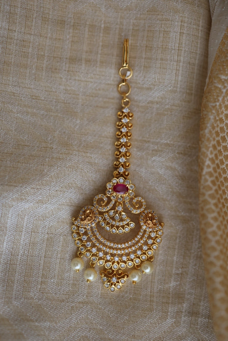 Antique white and  green stone maang tikka TH376