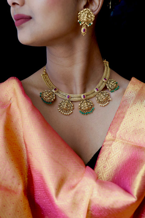 Antique gold temple design short necklace and earrings G6371