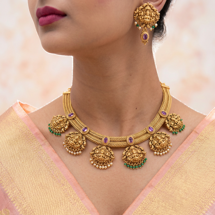 Antique gold temple design short necklace and earrings G6371