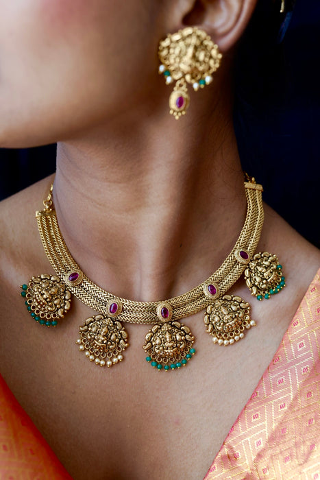 Antique gold temple design short necklace and earrings G6371