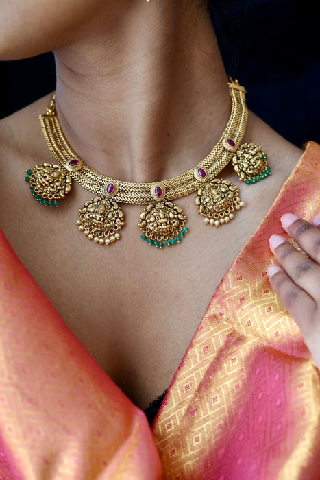 Antique gold temple design short necklace and earrings G6371