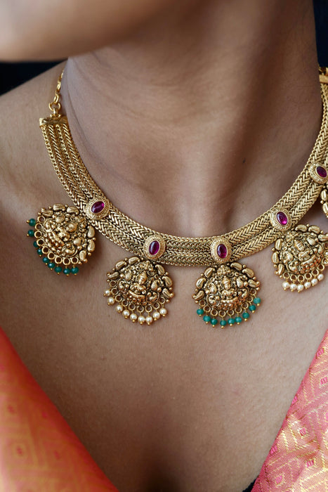 Antique gold temple design short necklace and earrings G6371
