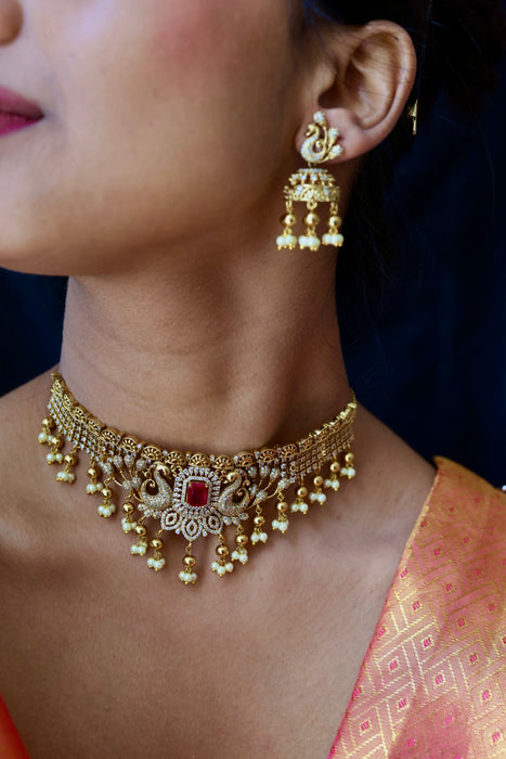 Antique ruby stone choker necklace with earrings CCB1432