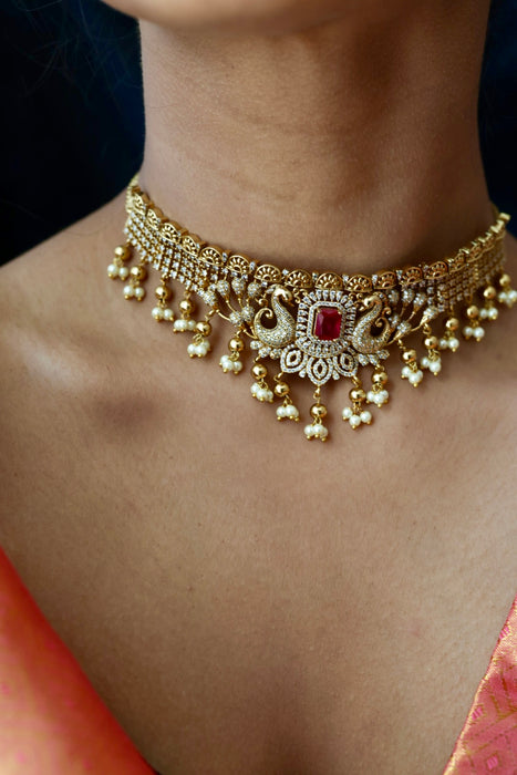 Antique ruby stone choker necklace with earrings CCB1432