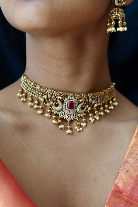 Antique ruby stone choker necklace with earrings CCB1432