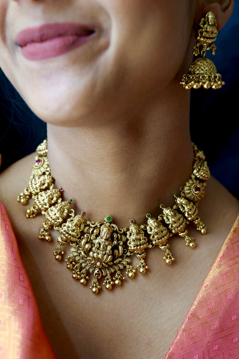 Antique gold temple design short necklace and earrings G9999