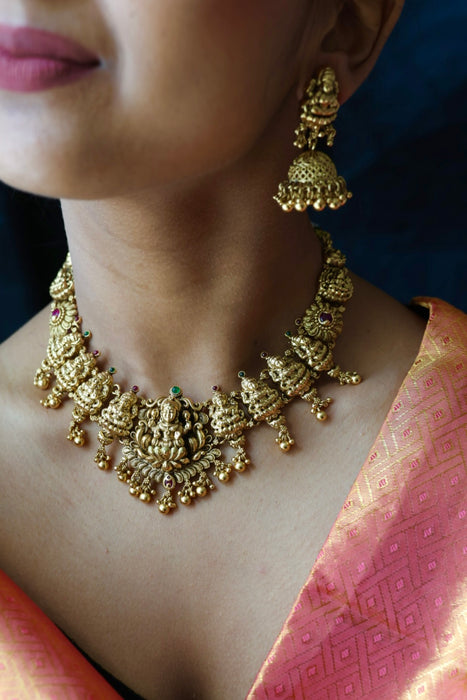 Antique gold temple design short necklace and earrings G9999