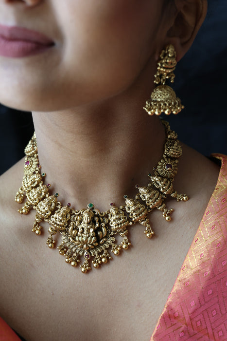 Antique gold temple design short necklace and earrings G9999