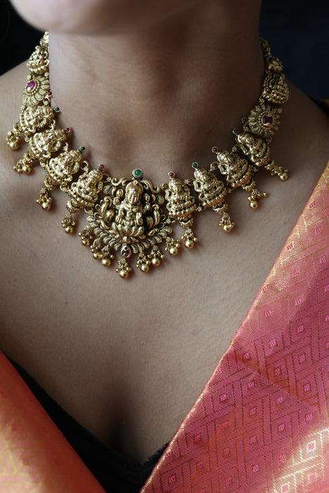 Antique gold temple design short necklace and earrings G9999