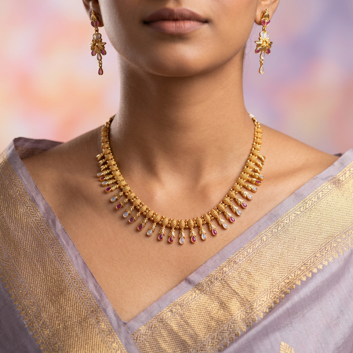 Heritage gold plated short necklace with earrings H584